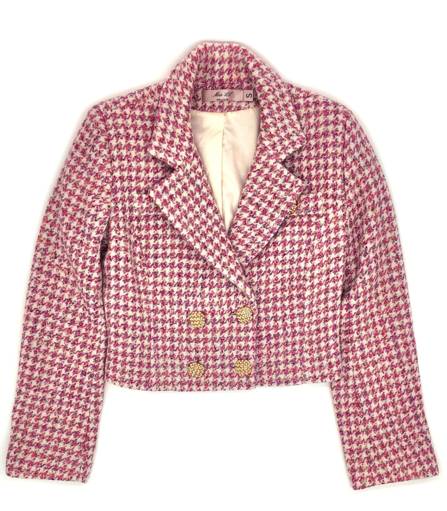 Old Money style, Fashionable and Luxury Houndstooth Tweed Jacket Pink and White for a Chic Wardrobe