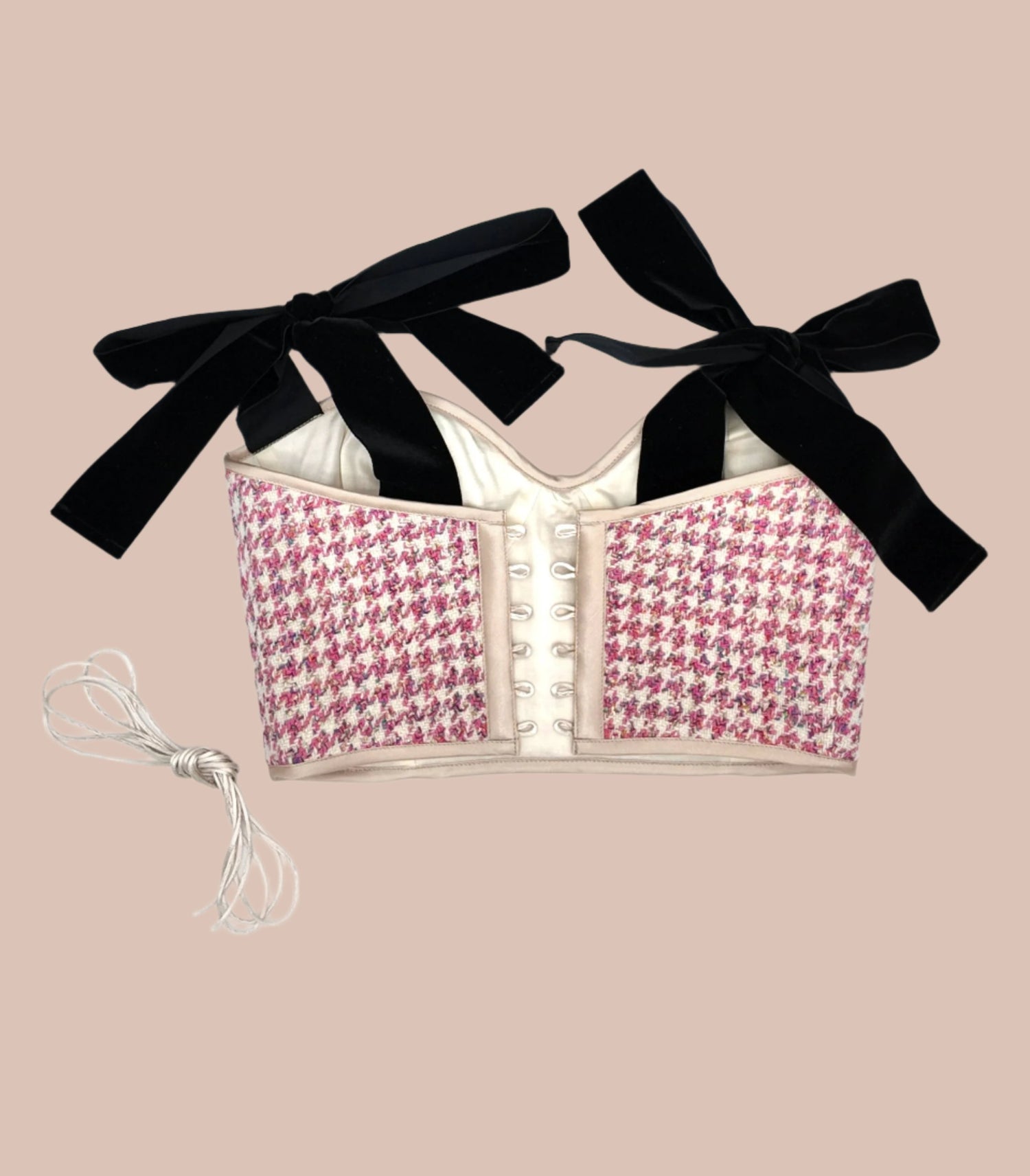 Luxury Tweed Houndstooth Pink and White Corset with Black Bows