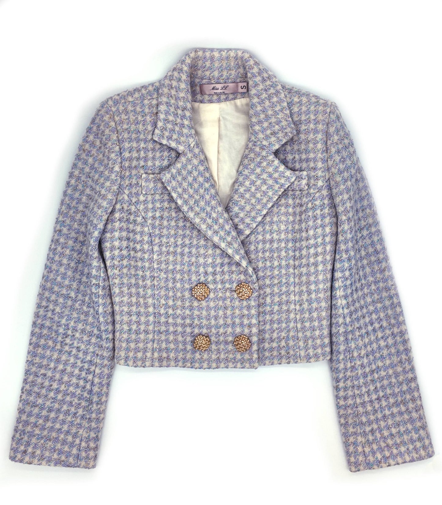 Old Money style, Fashionable and Luxury Houndstooth Tweed Jacket Blue and White for a Chic Wardrobe